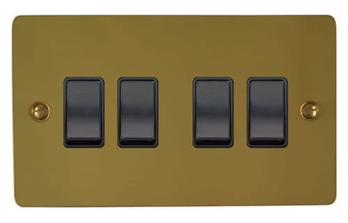 G&H FBUL4B Flat Plate Unlacquered Polished Brass 4 Gang 1 or 2 Way Rocker Light Switch