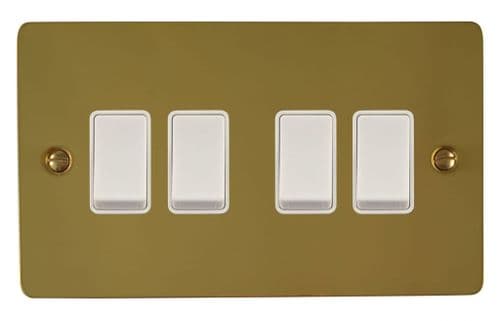G&H FBUL4W Flat Plate Unlacquered Polished Brass 4 Gang 1 or 2 Way Rocker Light Switch