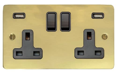 G&H FBUL910B Flat Plate Unlacquered Polished Brass 2 Gang Double 13A Switched Plug Socket 2.1A USB