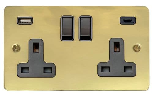 G&H FBUL911B Flat Plate Unlacquered Polished Brass 2 Gang Double 13A Plug Socket 3.1A USB A + C