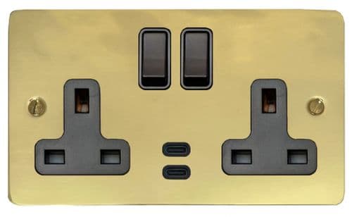 G&H FBUL913B Flat Plate Unlacquered Polished Brass 2 Gang Double 13A Plug Socket Dual 4.2A USB C