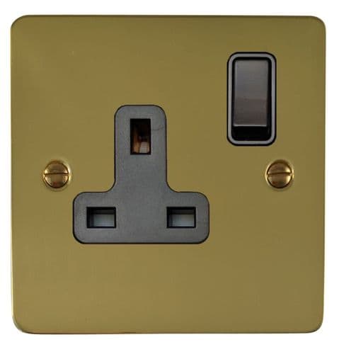 G&H FBUL9B Flat Plate Unlacquered Polished Brass 1 Gang Single 13A Switched Plug Socket