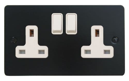 G&H FFB10W Flat Plate Matt Black 2 Gang Double 13A Switched Plug Socket