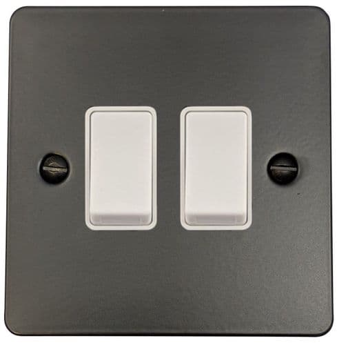 G&H FFB2W Flat Plate Matt Black 2 Gang 1 or 2 Way Rocker Light Switch