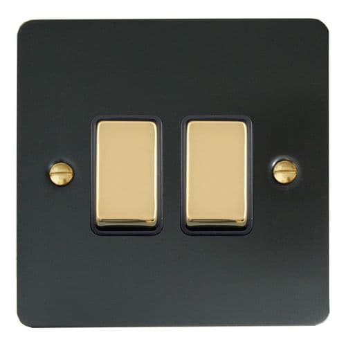 G&H FFB302-PB Flat Plate Matt Black 2 Gang 1 or 2 Way Rocker Light Switch