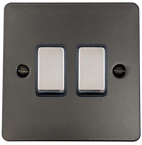 G&H FFB302-PC Flat Plate Matt Black 2 Gang 1 or 2 Way Rocker Light Switch