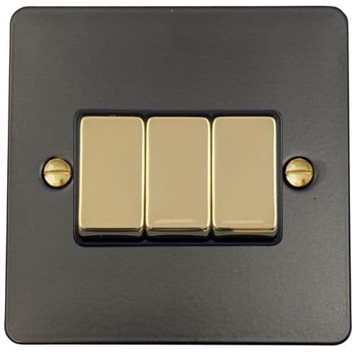 G&H FFB303-PB Flat Plate Matt Black 3 Gang 1 or 2 Way Rocker Light Switch