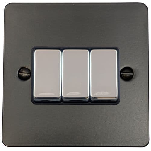 G&H FFB303-PC Flat Plate Matt Black 3 Gang 1 or 2 Way Rocker Light Switch