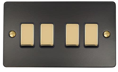 G&H FFB304-PB Flat Plate Matt Black 4 Gang 1 or 2 Way Rocker Light Switch