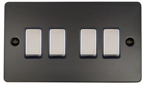 G&H FFB304-PC Flat Plate Matt Black 4 Gang 1 or 2 Way Rocker Light Switch