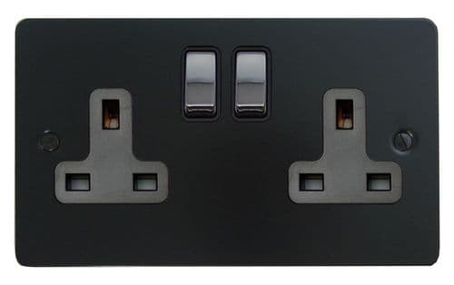 G&H FFB310-PC Flat Plate Matt Black 2 Gang Double 13A Switched Plug Socket