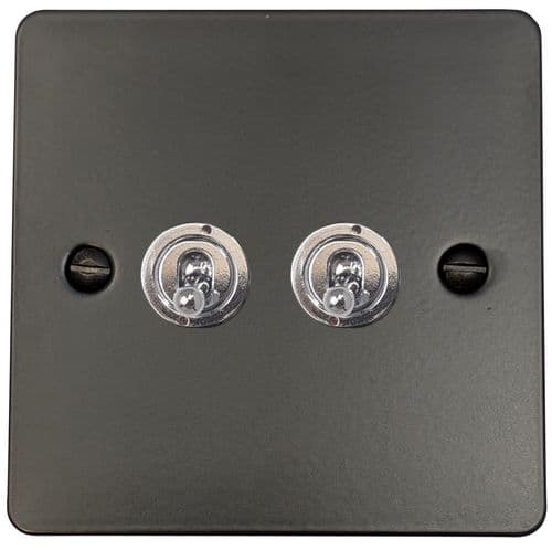 G&H FFB382-PC Flat Plate Matt Black 2 Gang 1 or 2 Way Toggle Light Switch