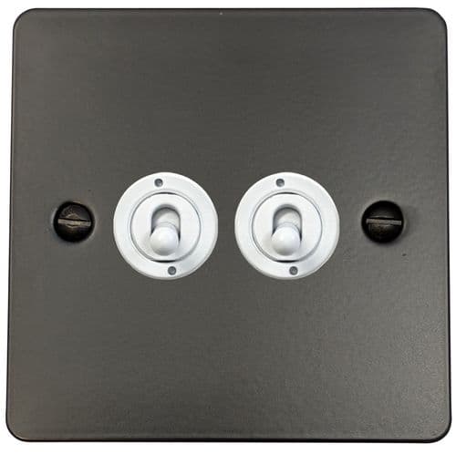 G&H FFB382-W Flat Plate Matt Black 2 Gang 1 or 2 Way Toggle Light Switch