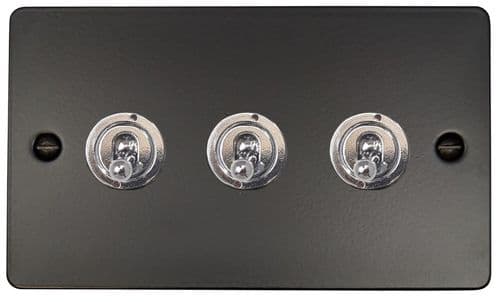 G&H FFB383-PC Flat Plate Matt Black 3 Gang 1 or 2 Way Toggle Light Switch