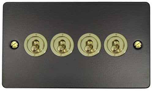 G&H FFB384-PB Flat Plate Matt Black 4 Gang 1 or 2 Way Toggle Light Switch