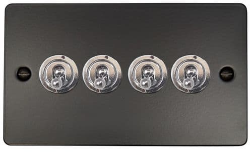 G&H FFB384-PC Flat Plate Matt Black 4 Gang 1 or 2 Way Toggle Light Switch