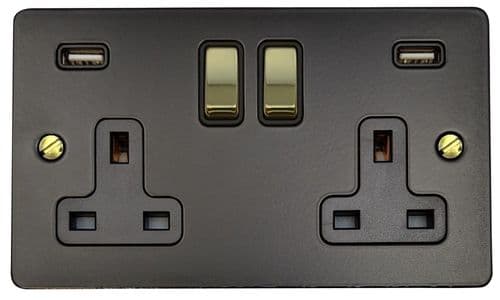G&H FFB3910-PB Flat Plate Matt Black 2 Gang Double 13A Switched Plug Socket 2.1A USB