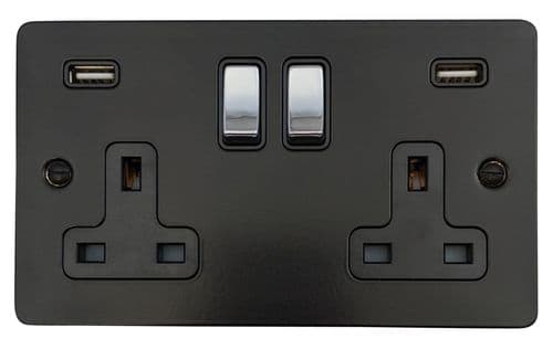 G&H FFB3910-PC Flat Plate Matt Black 2 Gang Double 13A Switched Plug Socket 2.1A USB