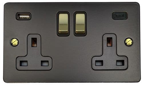 G&H FFB3911-PB Flat Plate Matt Black 2 Gang Double 13A Plug Socket 3.1A USB A + C