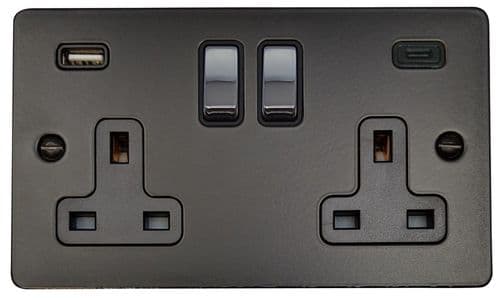 G&H FFB3911-PC Flat Plate Matt Black 2 Gang Double 13A Plug Socket 3.1A USB A + C