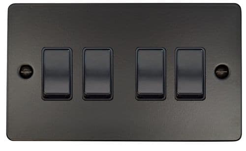 G&H FFB4B Flat Plate Matt Black 4 Gang 1 or 2 Way Rocker Light Switch