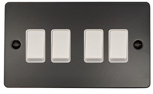 G&H FFB4W Flat Plate Matt Black 4 Gang 1 or 2 Way Rocker Light Switch