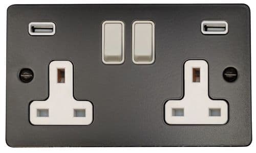 G&H FFB910W Flat Plate Matt Black 2 Gang Double 13A Switched Plug Socket 2.1A USB