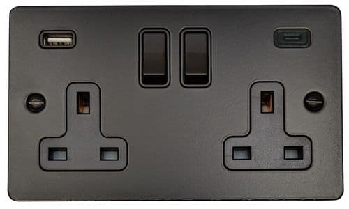G&H FFB911B Flat Plate Matt Black 2 Gang Double 13A Plug Socket 3.1A USB A + C