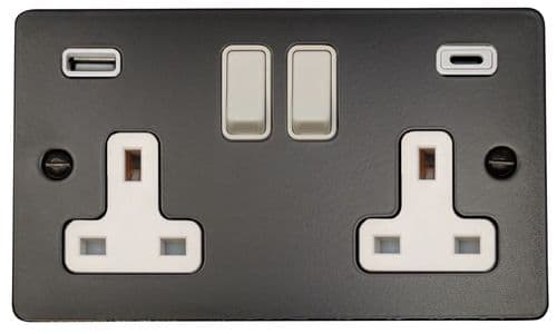 G&H FFB911W Flat Plate Matt Black 2 Gang Double 13A Plug Socket 3.1A USB A + C