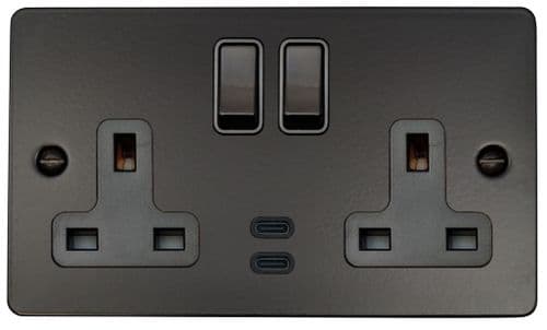 G&H FFB913B Flat Plate Matt Black 2 Gang Double 13A Plug Socket Dual 4.2A USB C