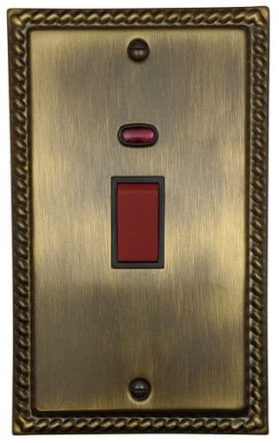 G&H MAB28B Monarch Roped Antique Brass 45 Amp DP Cooker Switch & Neon Vertical Plate
