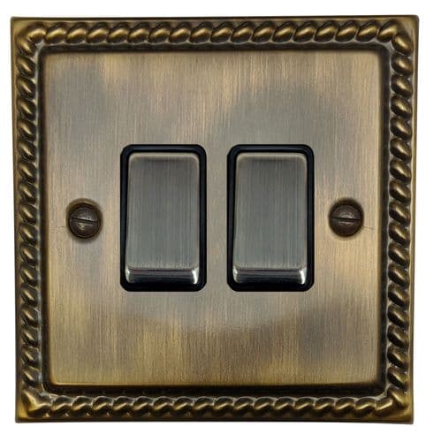 G&H MAB302 Monarch Roped Antique Brass 2 Gang 1 or 2 Way Rocker Light Switch