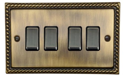 G&H MAB304 Monarch Roped Antique Brass 4 Gang 1 or 2 Way Rocker Light Switch