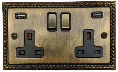 G&H MAB3910 Monarch Roped Antique Brass 2 Gang Double 13A Switched Plug Socket 2.1A USB