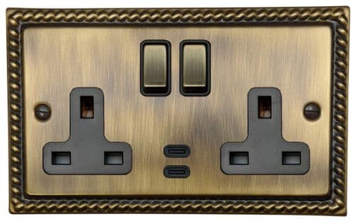 G&H MAB3913 Monarch Roped Antique Brass 2 Gang Double 13A Plug Socket Dual 4.2A USB C