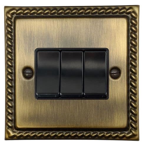 G&H MAB3B Monarch Roped Antique Brass 3 Gang 1 or 2 Way Rocker Light Switch