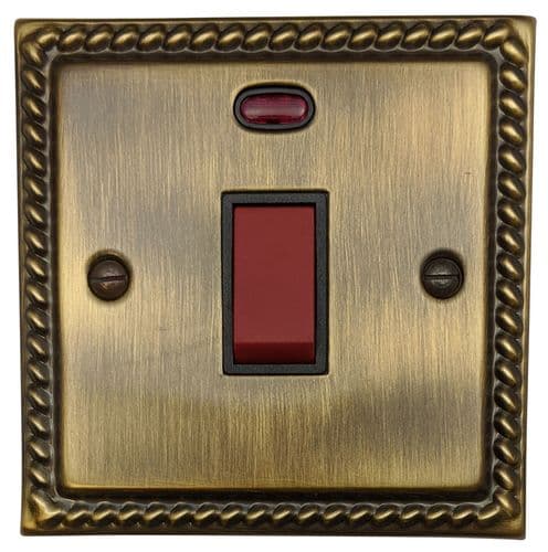 G&H MAB46B Monarch Roped Antique Brass 45 Amp DP Cooker Switch & Neon Single Plate