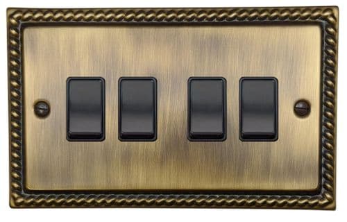 G&H MAB4B Monarch Roped Antique Brass 4 Gang 1 or 2 Way Rocker Light Switch