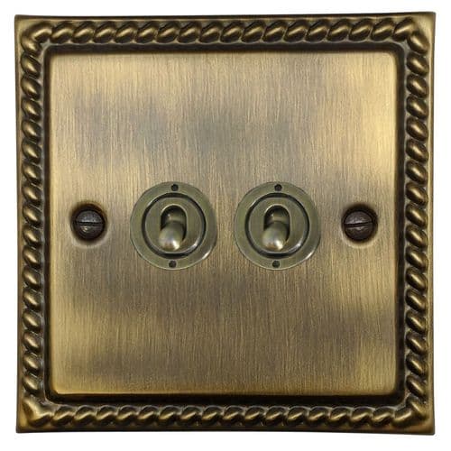 G&H MAB82A-AB Monarch Roped Antique Brass 2 Gang 1 x 2 Way 1 x Intermediate Toggle Light Switch