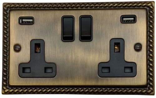 G&H MAB910B Monarch Roped Antique Brass 2 Gang Double 13A Switched Plug Socket 2.1A USB