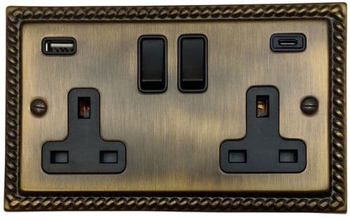 G&H MAB911B Monarch Roped Antique Brass 2 Gang Double 13A Plug Socket 3.1A USB A + C