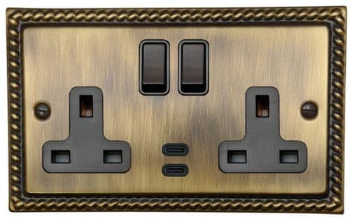 G&H MAB913B Monarch Roped Antique Brass 2 Gang Double 13A Plug Socket Dual 4.2A USB C