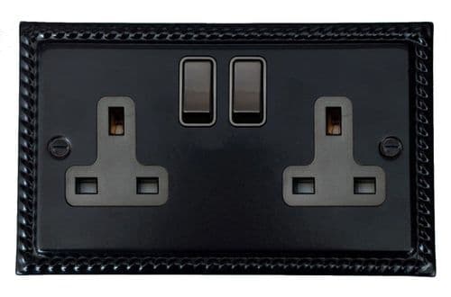 G&H MFB10B Monarch Roped Matt Black 2 Gang Double 13A Switched Plug Socket