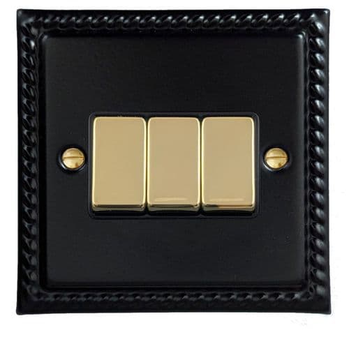 G&H MFB303-PB Monarch Roped Matt Black 3 Gang 1 or 2 Way Rocker Light Switch