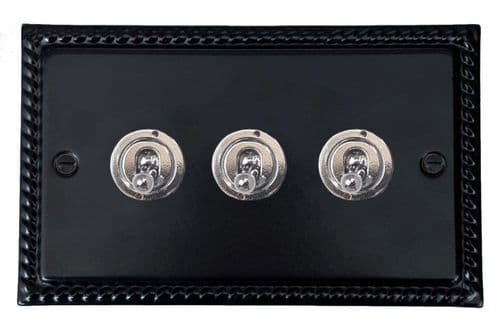 G&H MFB383-PC Monarch Roped Matt Black 3 Gang 1 or 2 Way Toggle Light Switch