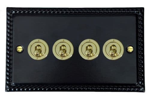 G&H MFB384-PB Monarch Roped Matt Black 4 Gang 1 or 2 Way Toggle Light Switch