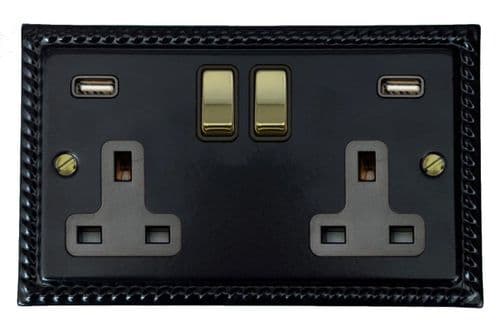 G&H MFB3910-PB Monarch Roped Matt Black 2 Gang Double 13A Switched Plug Socket 2.1A USB