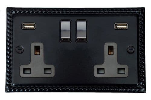 G&H MFB3910-PC Monarch Roped Matt Black 2 Gang Double 13A Switched Plug Socket 2.1A USB