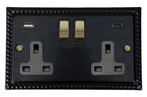 G&H MFB3911-PB Monarch Roped Matt Black 2 Gang Double 13A Plug Socket 3.1A USB A + C