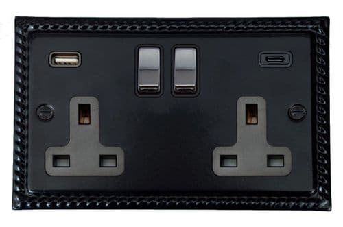 G&H MFB3911-PC Monarch Roped Matt Black 2 Gang Double 13A Plug Socket 3.1A USB A + C